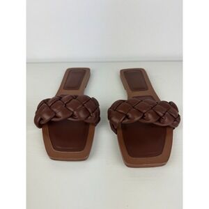 Womens Brown Braided Slide‎ Sandals Square Toe Slip On Flats Size 11 Woven Strap